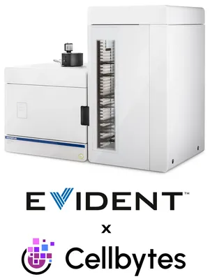 Evident's digital microscope, the VS200, shown on top of the Evident and Cellbytes logos.