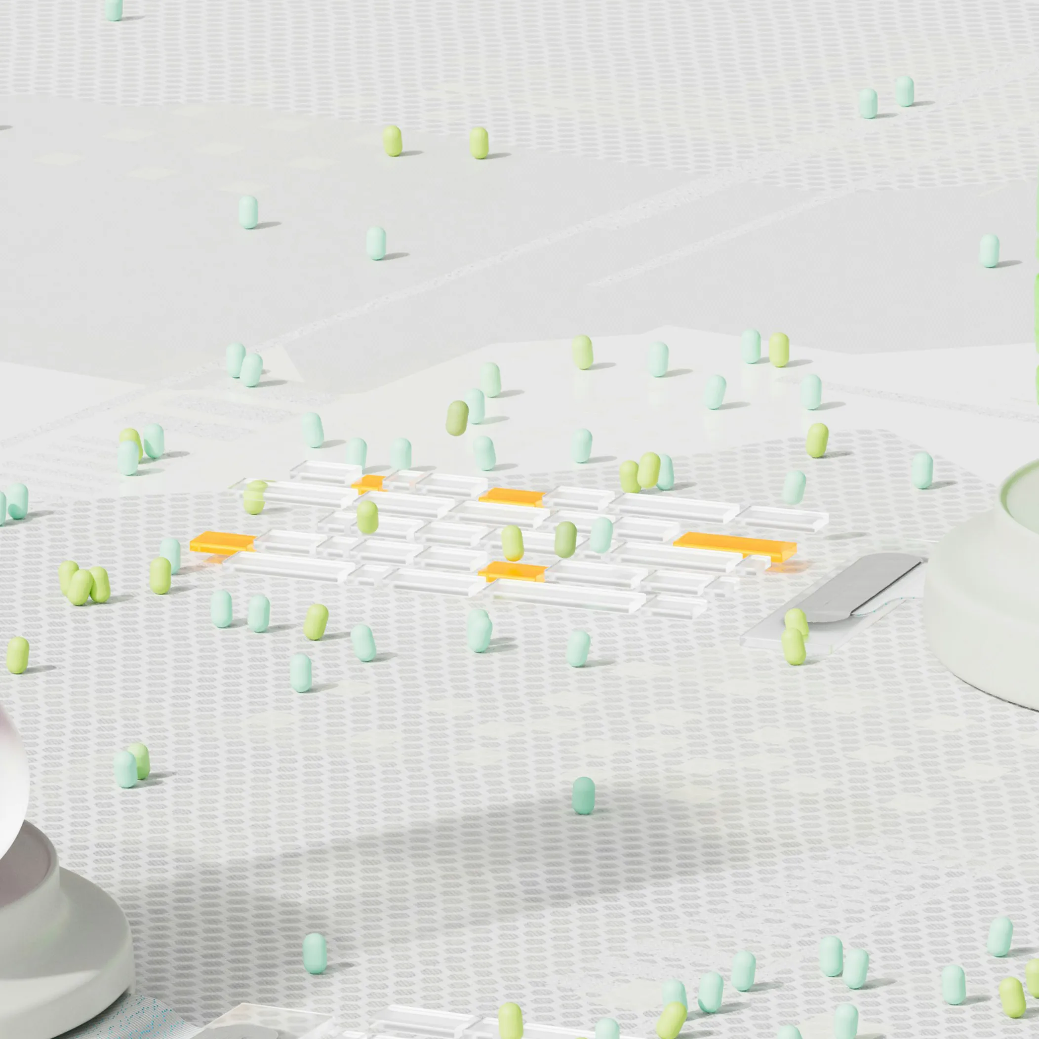 3D render image of a bunch of small green and teal pill shapes hanging out in clusters.