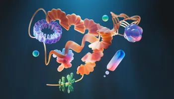 Colourful 3D illustration of protein structures and molecules floating in deep blue light.