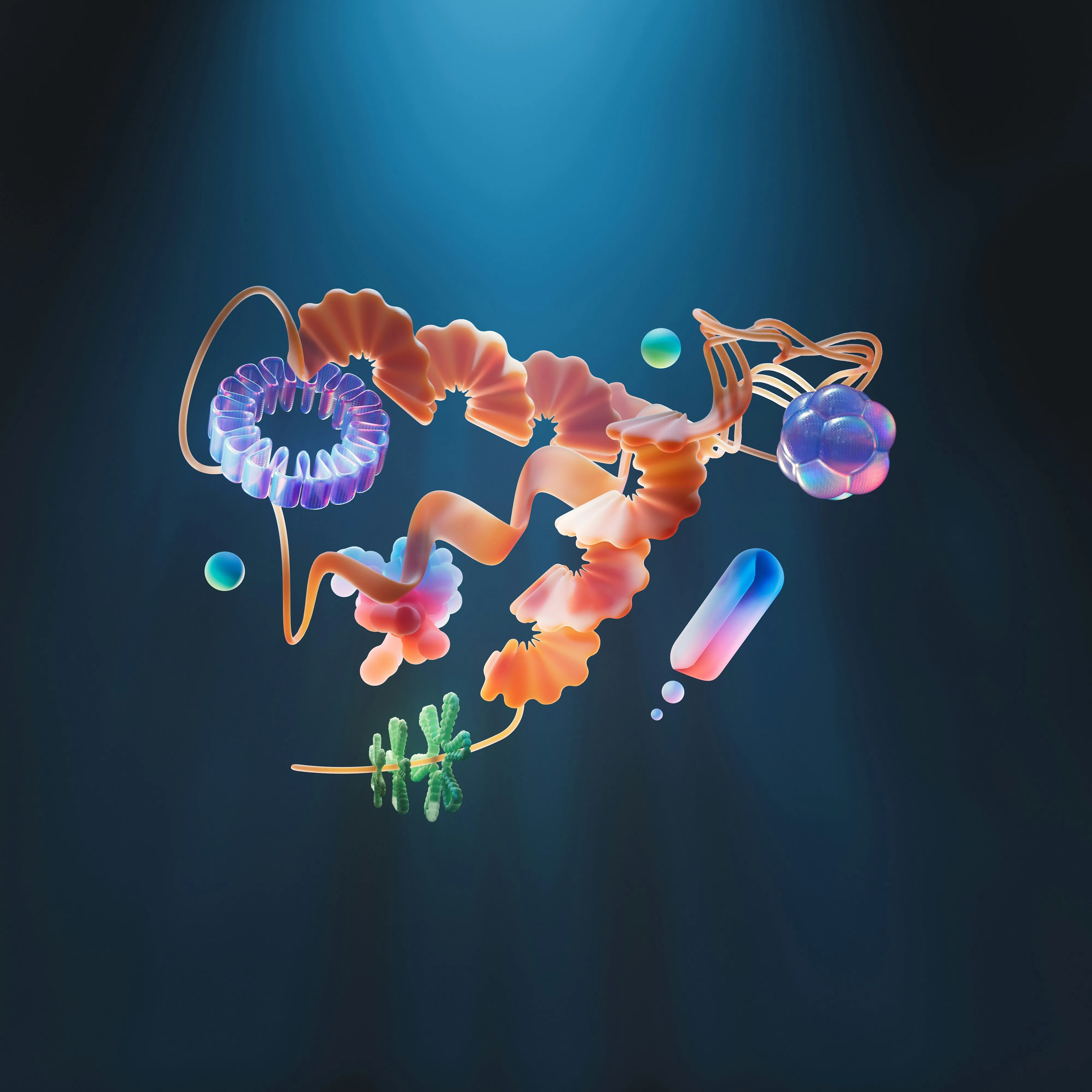 Colourful 3D illustration of protein structures and molecules floating in deep blue light.