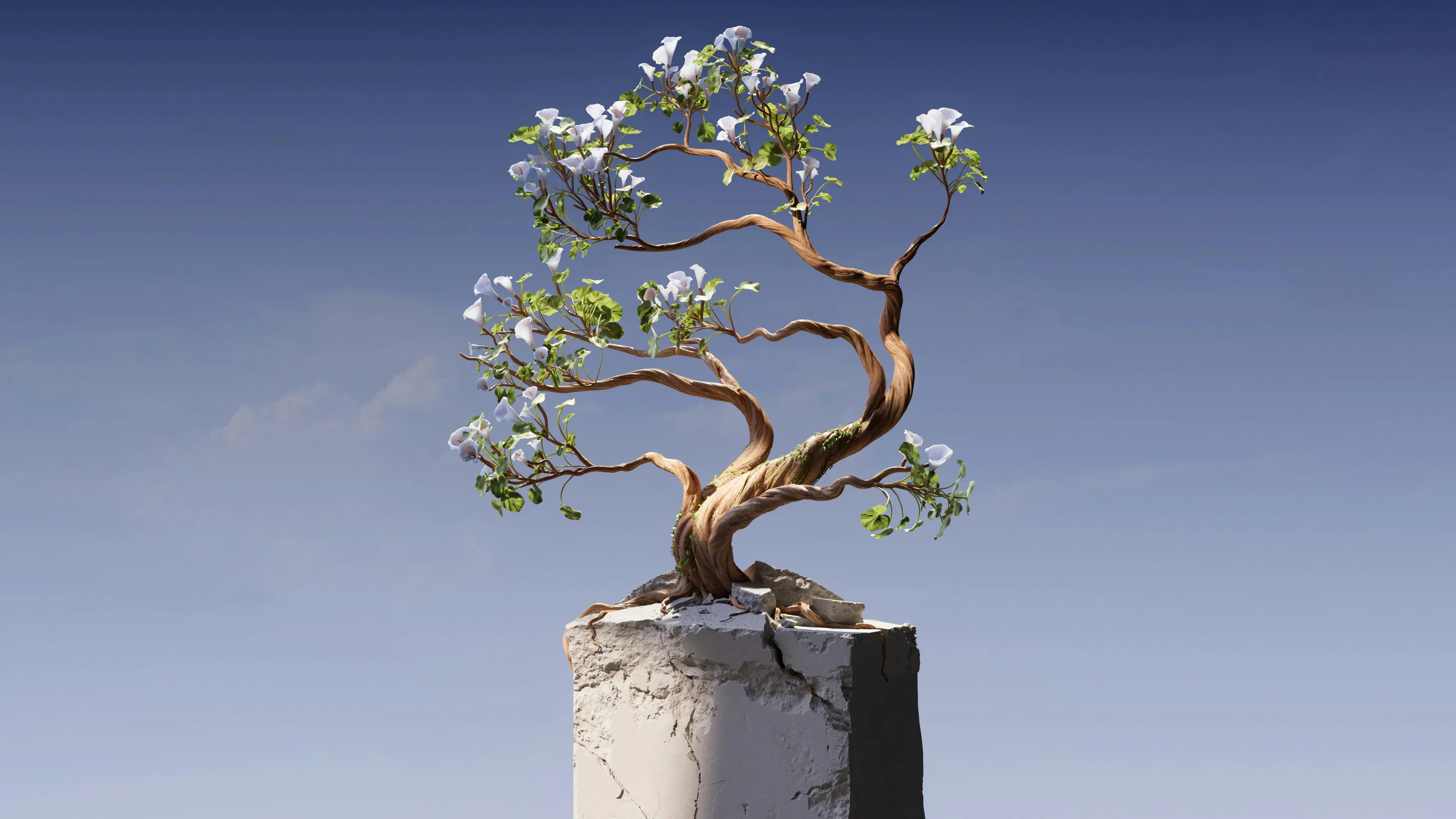 A sculpted tree in bloom growing out of a cracked concrete pillar against a clear blue sky.