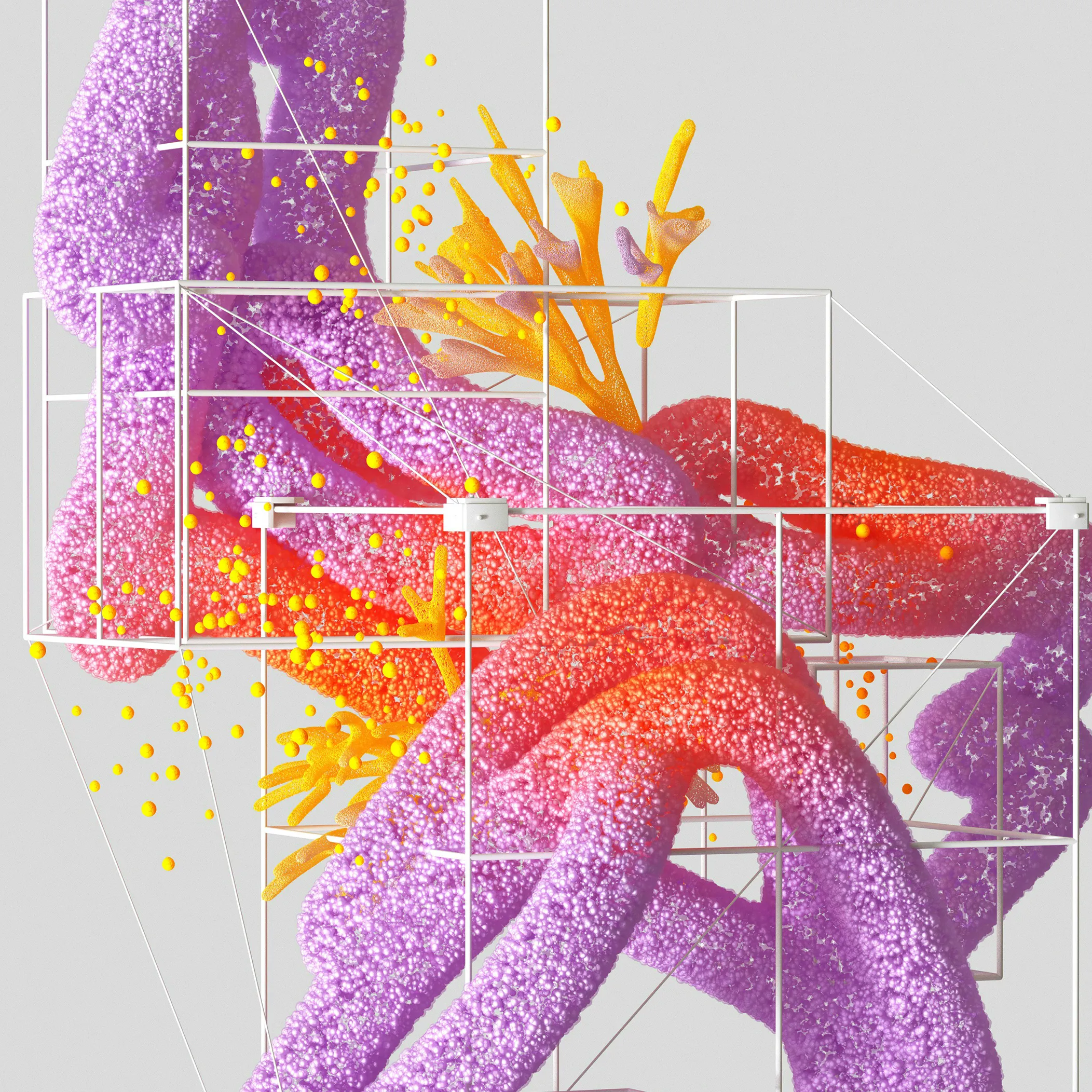 Pink and purple mass of data particles with blooming yellow flowers.