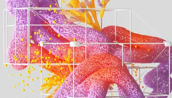 Pink and purple mass of data particles with blooming yellow flowers.
