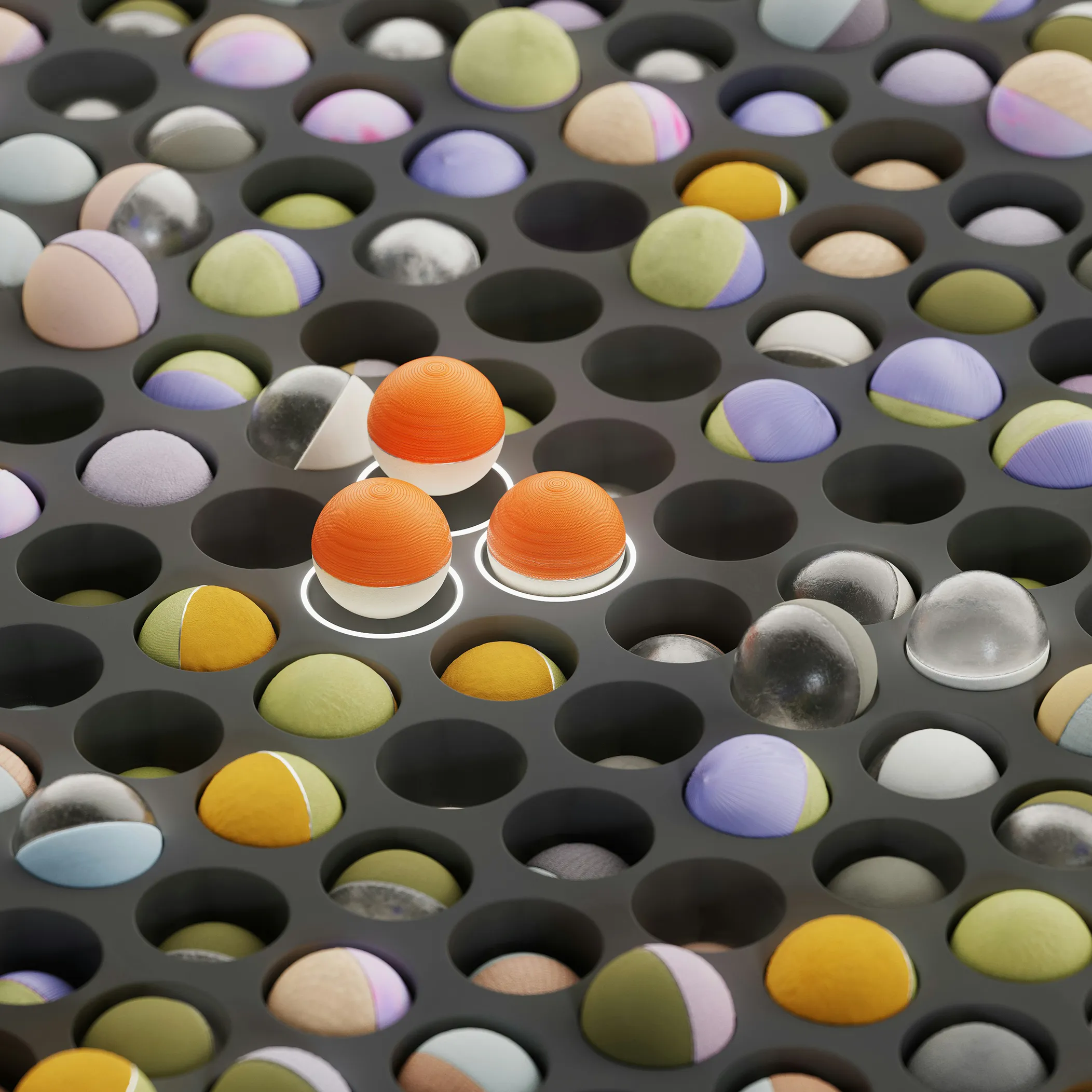 Colorful spheres popping in and out of a hexagonal grid of holes.