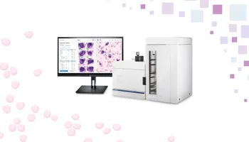 Playful cells and bytes surround the Evident VS200 slide scanner and a computer monitor with the Cellbytes software.