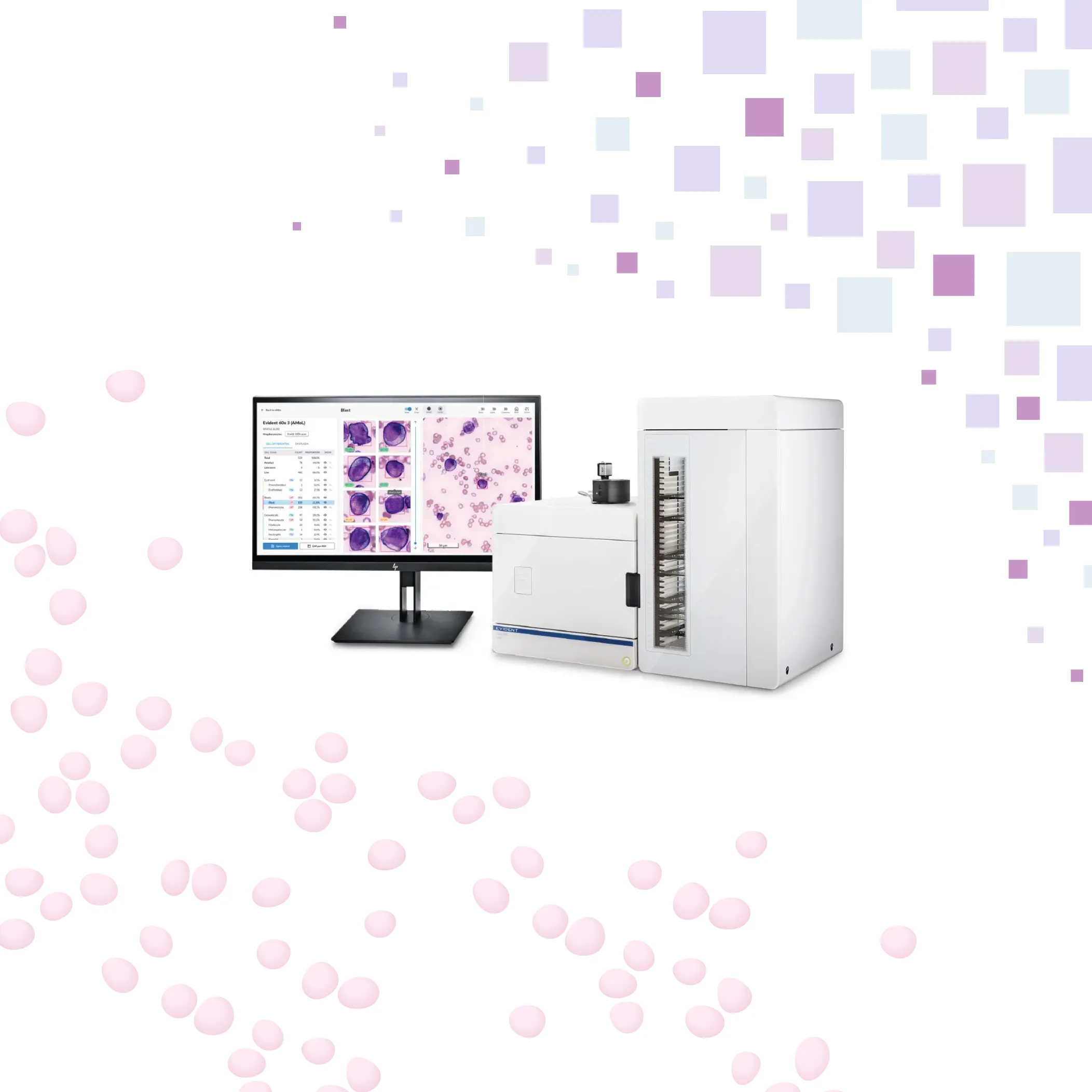 Playful cells and bytes surround the Evident VS200 slide scanner and a computer monitor with the Cellbytes software.