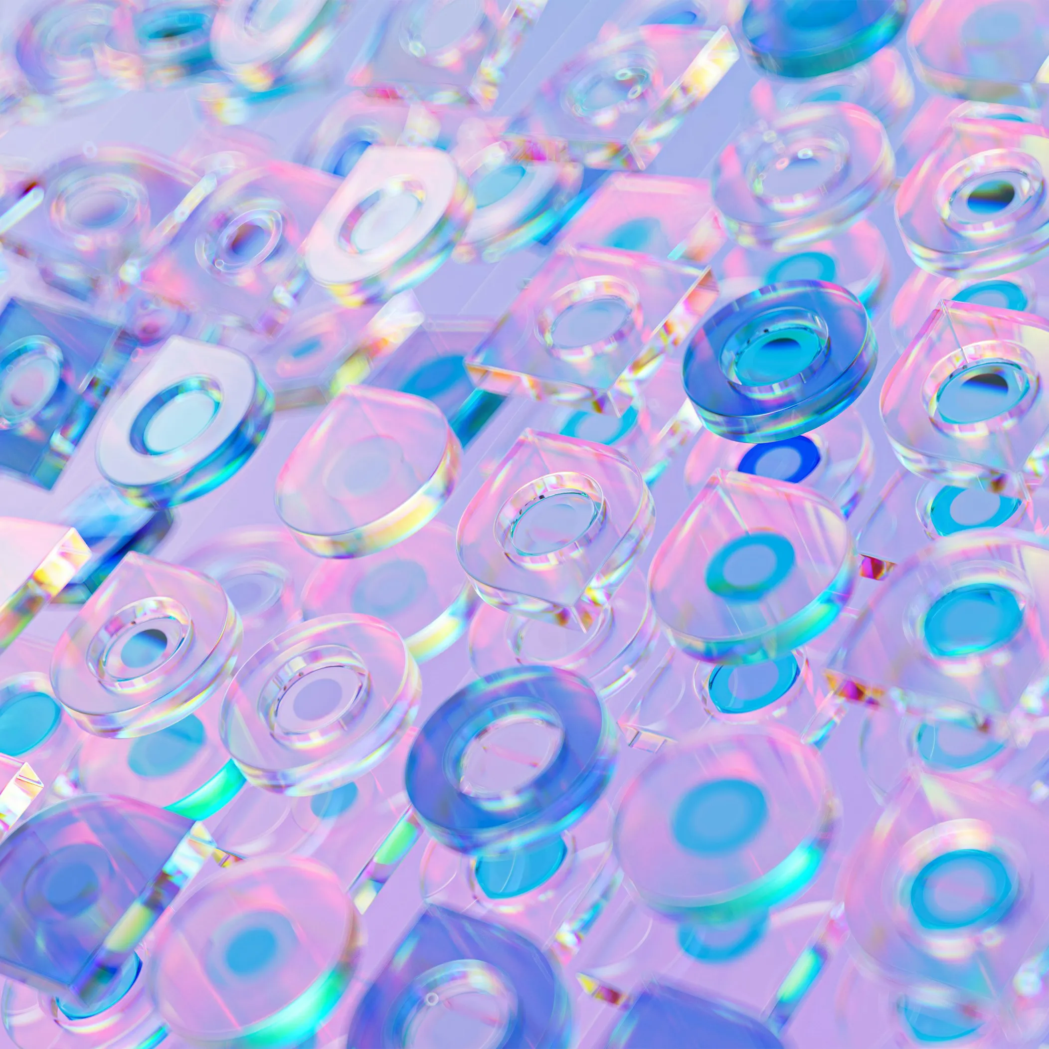 Pink and blue 3D render of various circular icons.