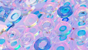 Pink and blue 3D render of various circular icons.