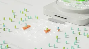 3D illustration of a machine outputting streams of data with pills watching along