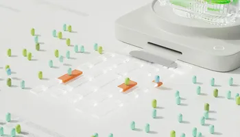 3D illustration of a machine outputting streams of data with pills watching along