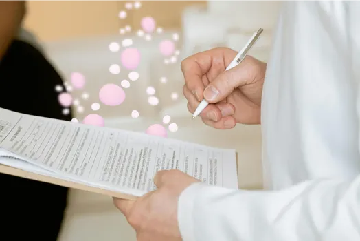 A doctor reviewing a report, holding a pen in hand.